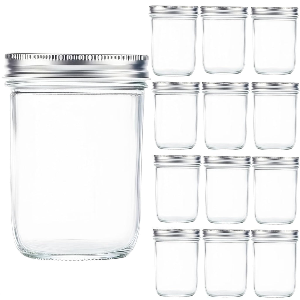12 Pc 16 oz Wide Mouth Glass Mason Jars with Lids D4211