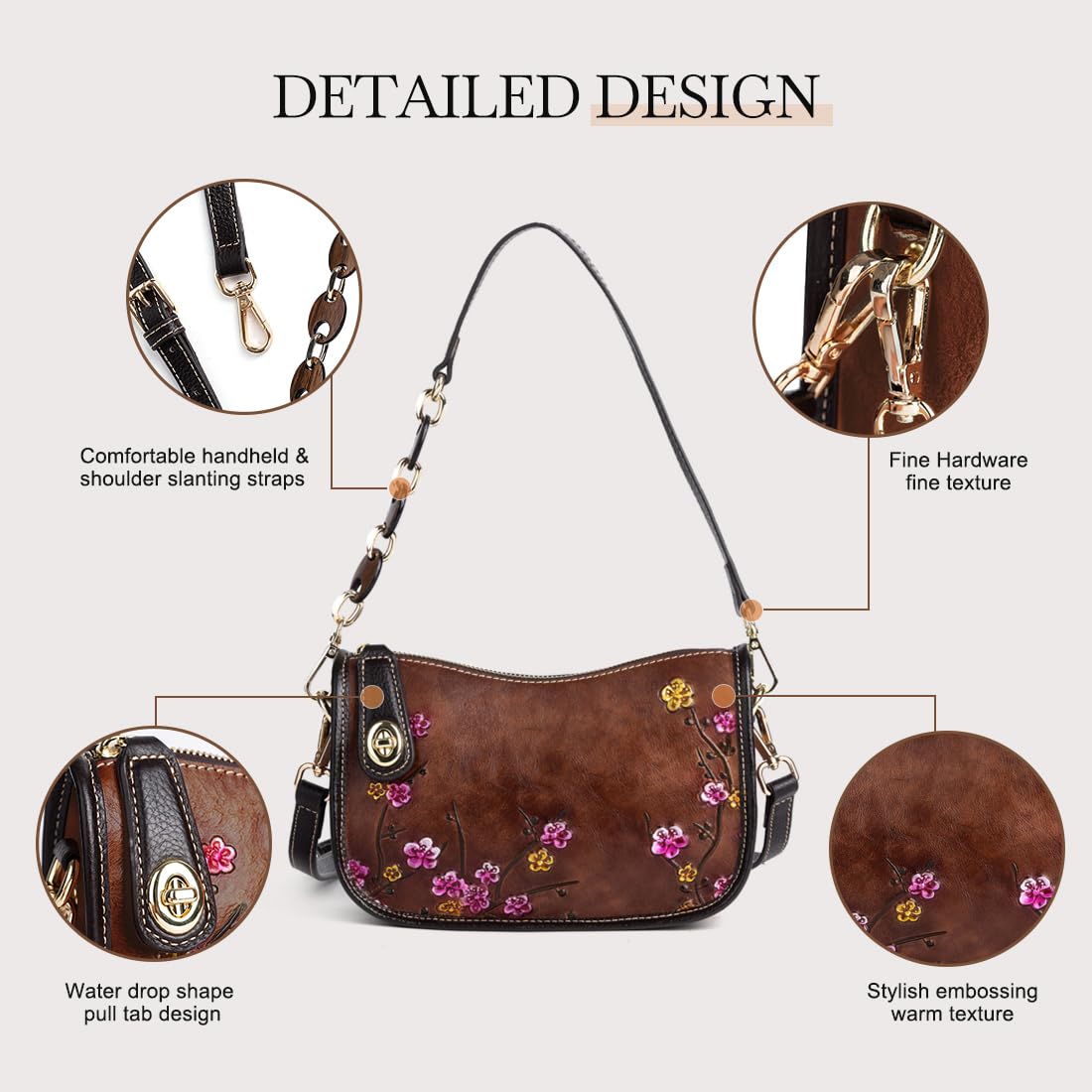 Genuine Leather Flower Embossed Shoulder Bag G152