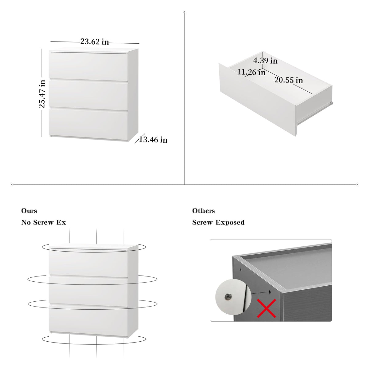 White 3 Drawer Wood Dresser I81523