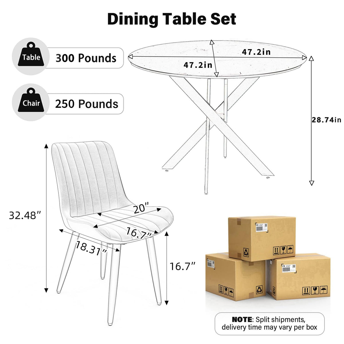 47" Walnut Round Dining Table Set for 4 with 4 Black Upholstered Chairs K95717
