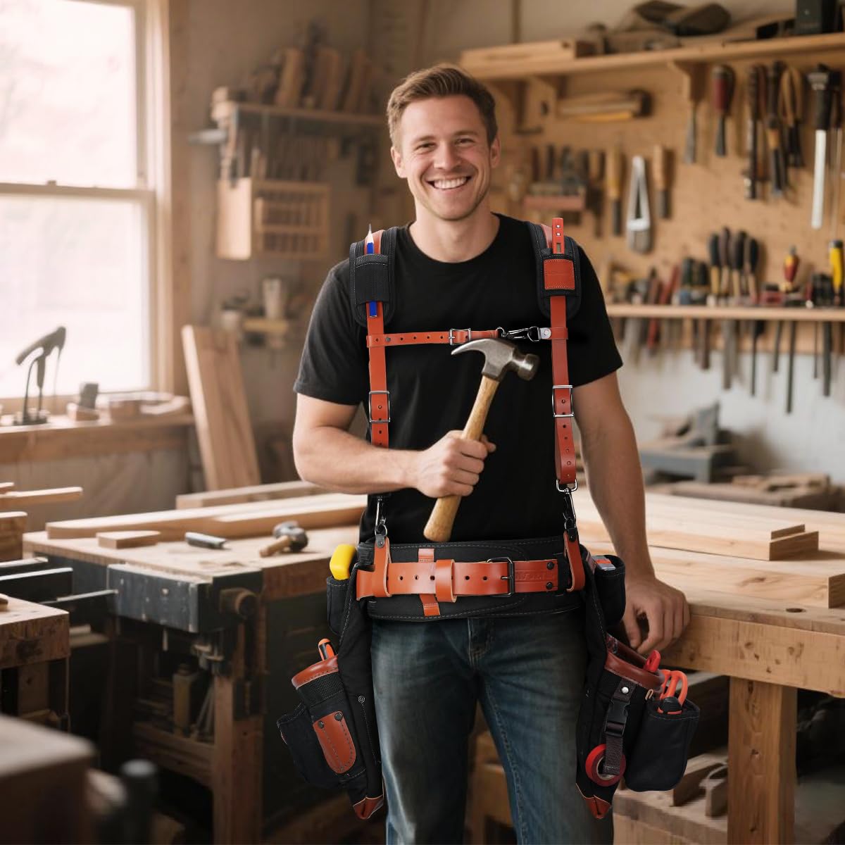 Top-Grain Leather Tool Belt With Suspenders H6213