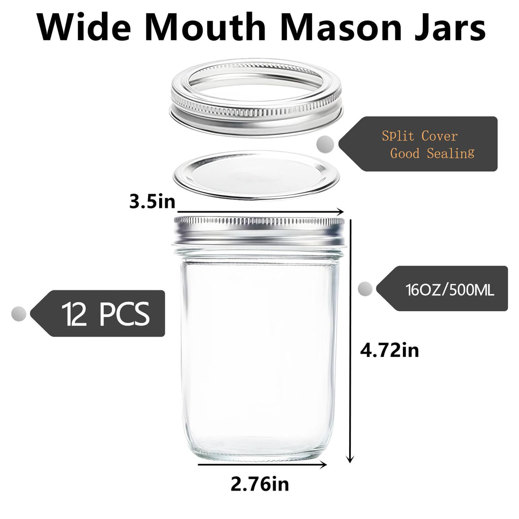 12 Pc 16 oz Wide Mouth Glass Mason Jars with Lids D4211