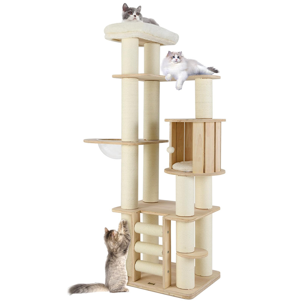 71” Tall Multi-Layer Wood Cat Tree with Scratching Posts Y9163