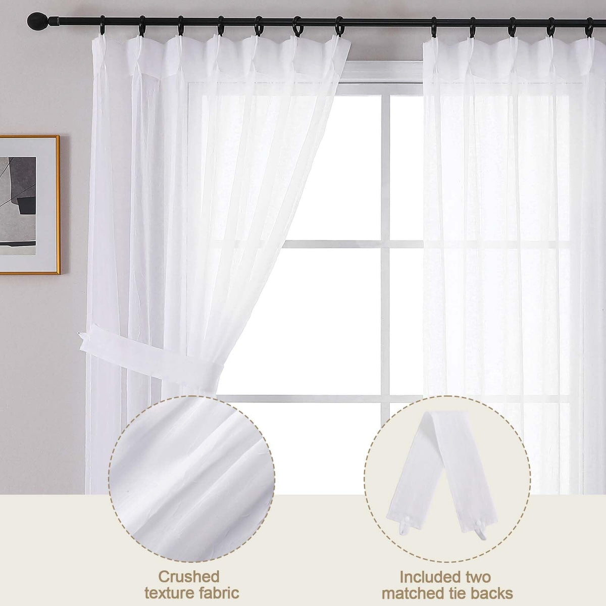 White Sheer Pinch Pleated Curtains 96 Inches 2 Panels X6010