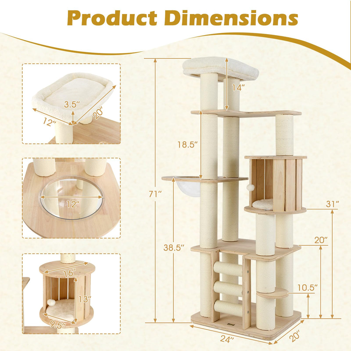 71” Tall Multi-Layer Wood Cat Tree with Scratching Posts Y9163
