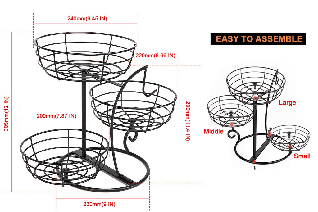 Fruit Basket Bowl with Banana Hanger, 3-Tier Metal Base D3445
