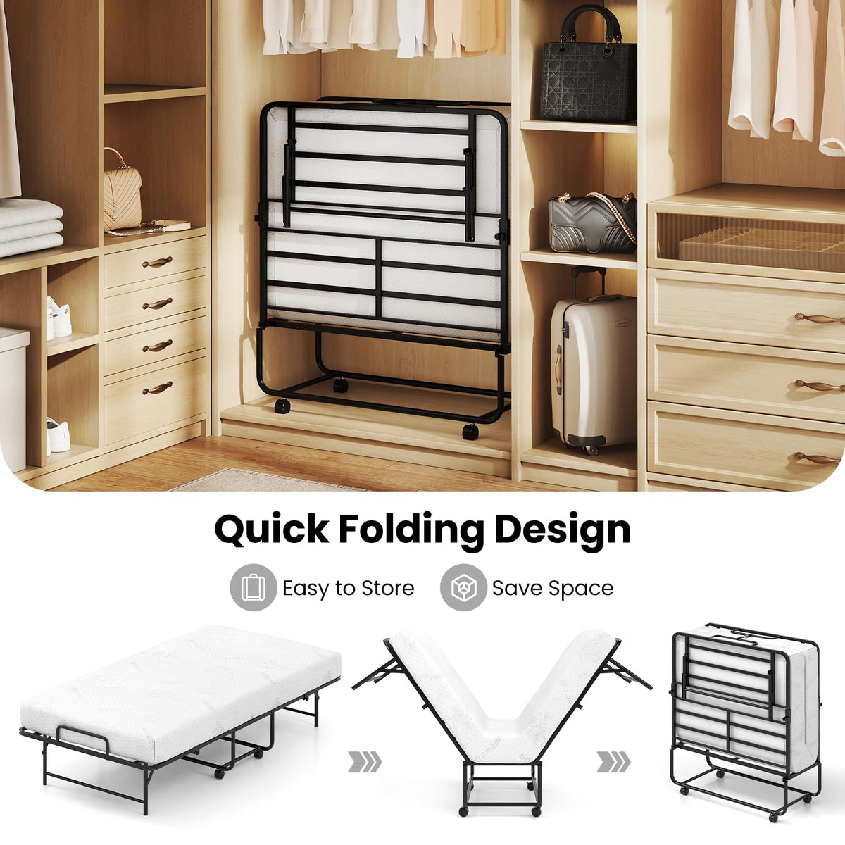 Twin Folding Bed with Memory Foam Mattress J10142