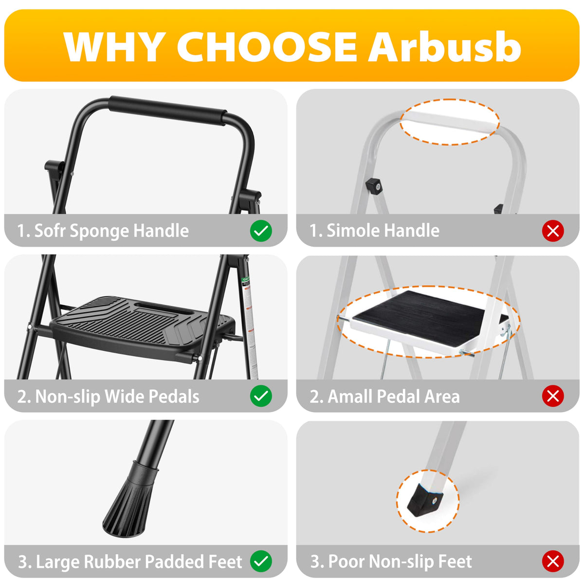 Folding Steel 3-Step Ladder with Handrail O336807