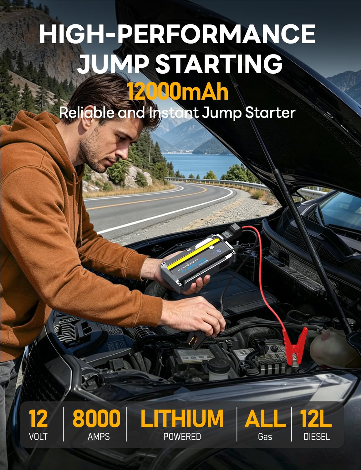 12000mAh 12V Portable Jump Starter with Flashlight and Jumper Cable H43421