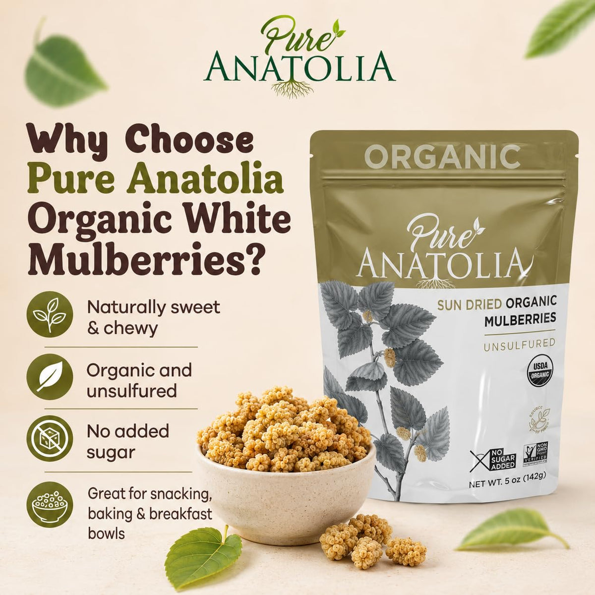 Organic Sun Dried White Mulberries 5 oz Resealable Bag P851770
