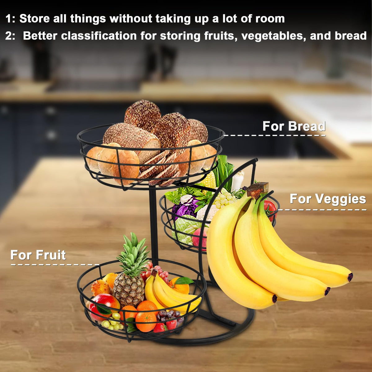 Fruit Basket Bowl with Banana Hanger, 3-Tier Metal Base D3445