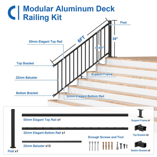 1 Pack 36 in. H x 6 ft. W Aluminum Stair Railing Kit with Post L9745
