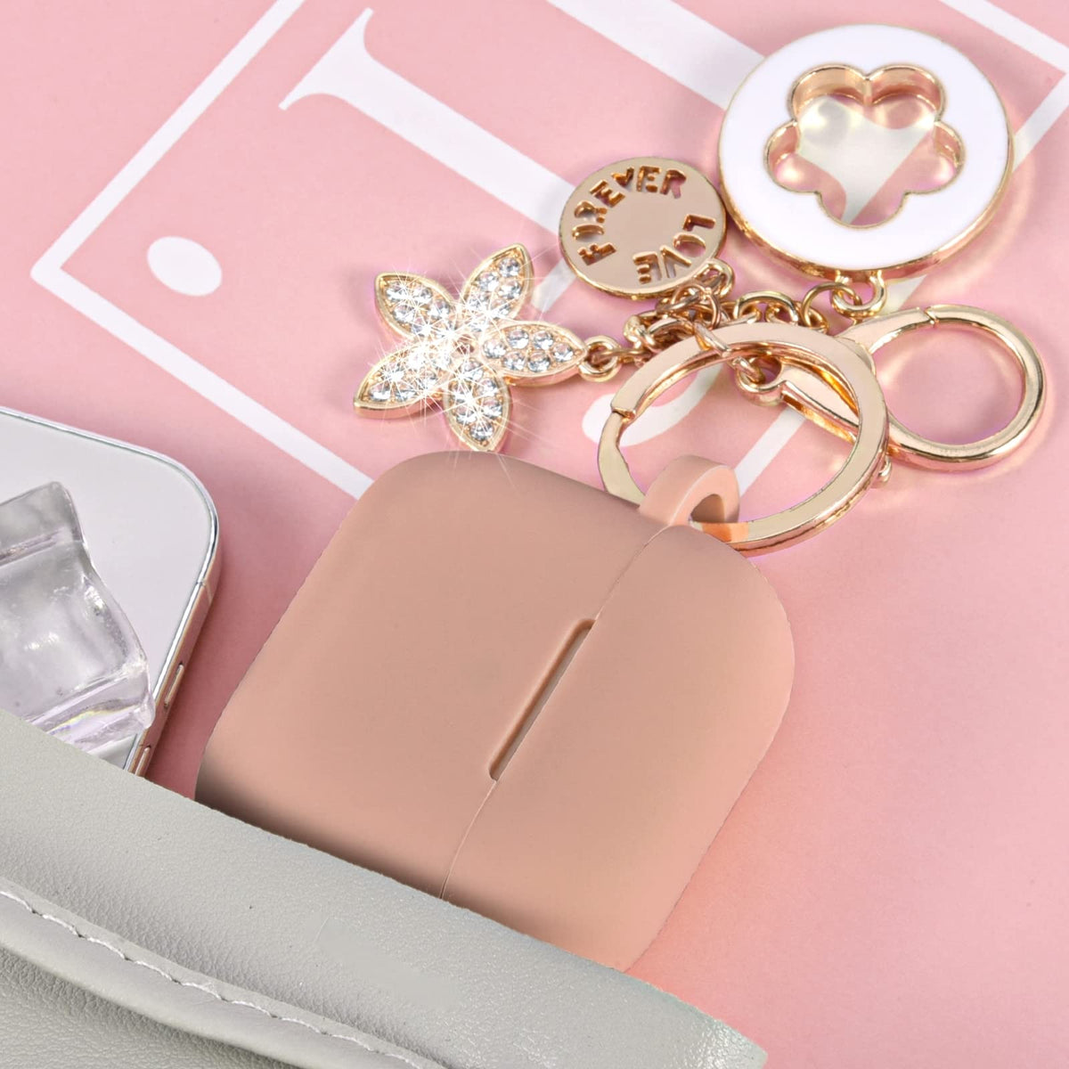 Pink Silicone Earbuds Case with Keychain N2131