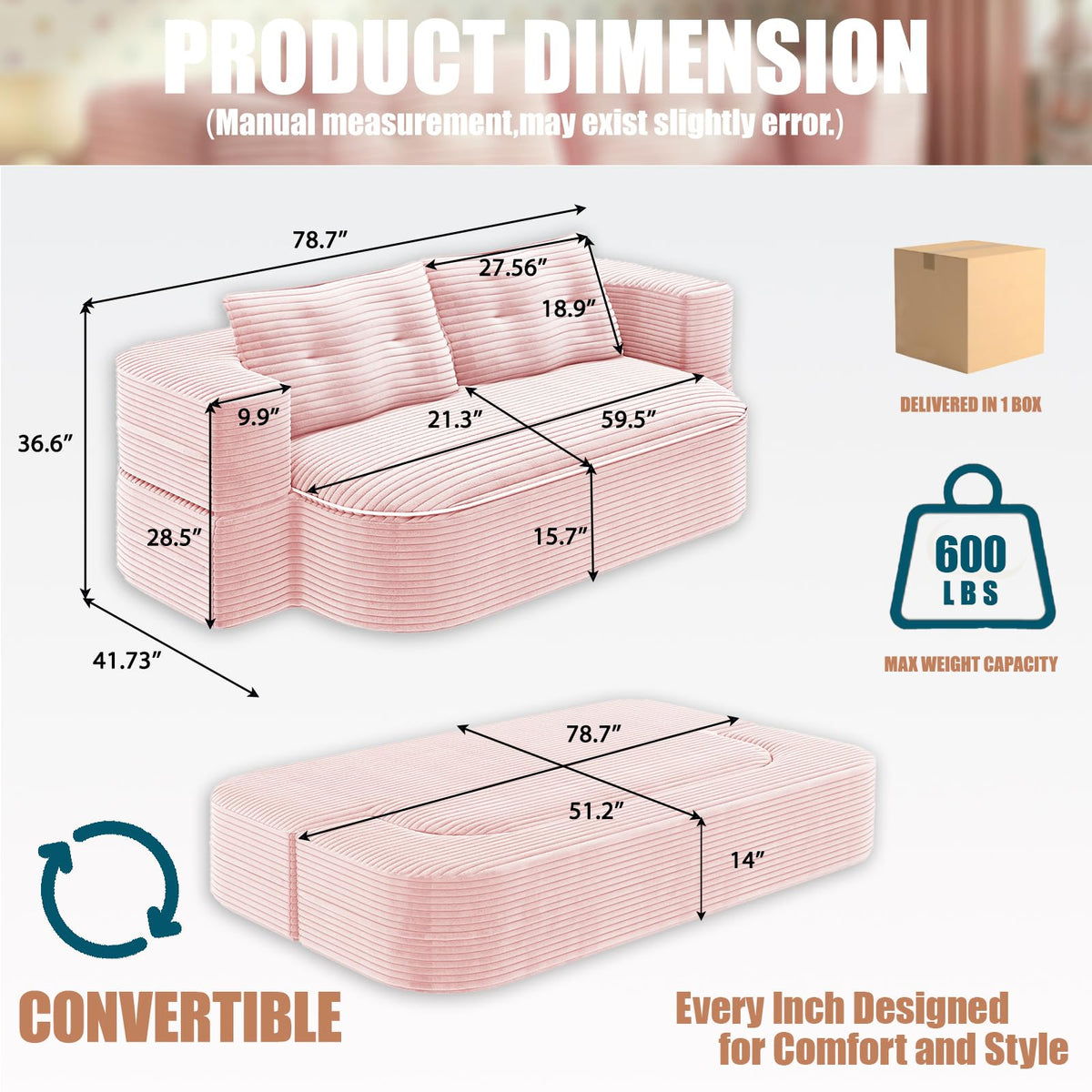 78.7" Pink Memory Foam Futon Sofa Bed X665174