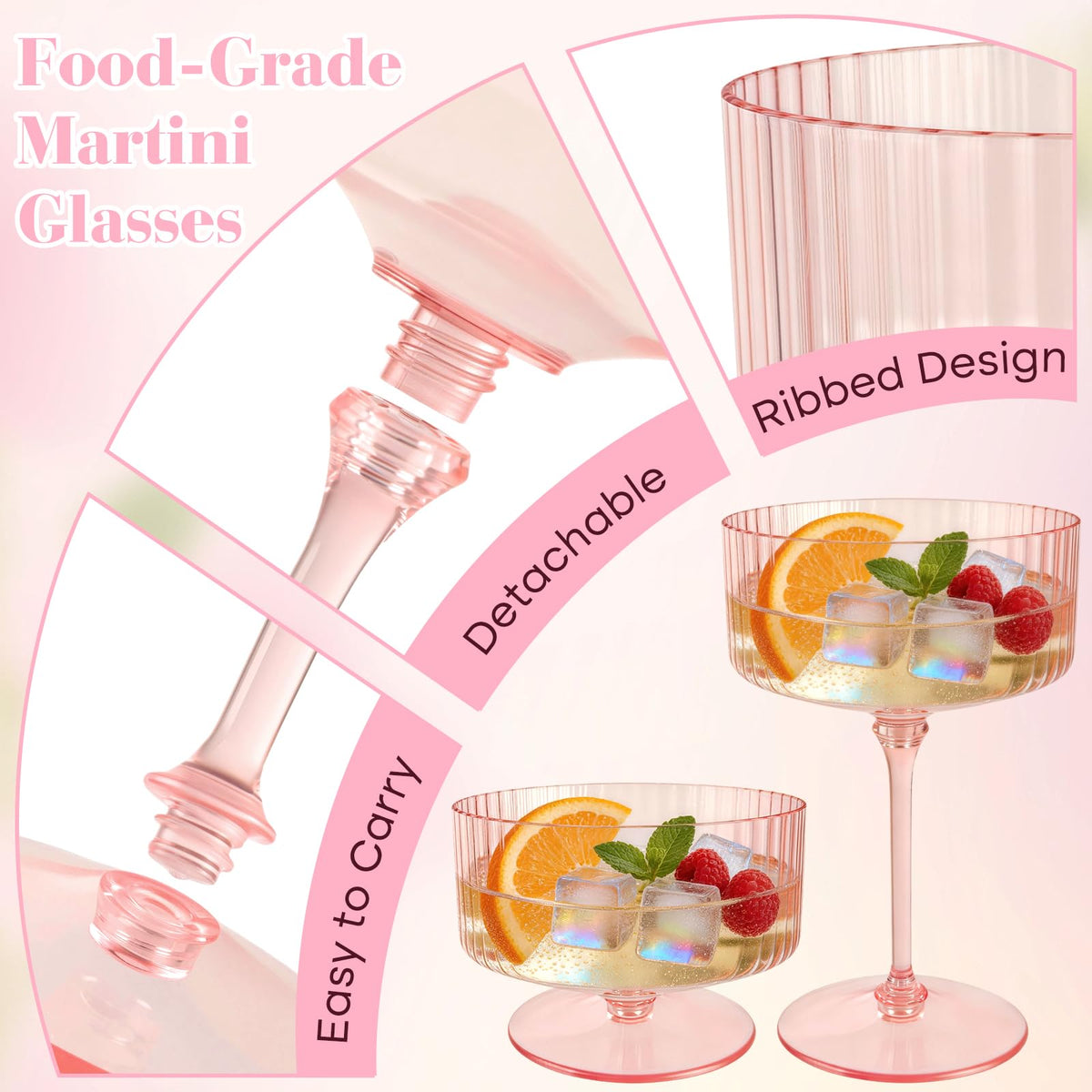 6 Pcs 10 Oz Pink Champagne Martini Glasses Set K915