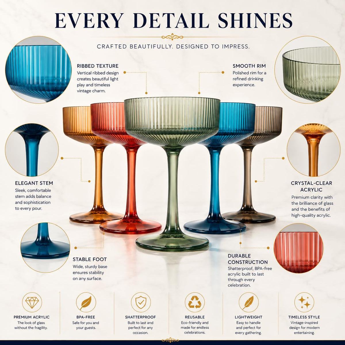 Ribbed Acrylic Martini Glasses Set of 6 I172