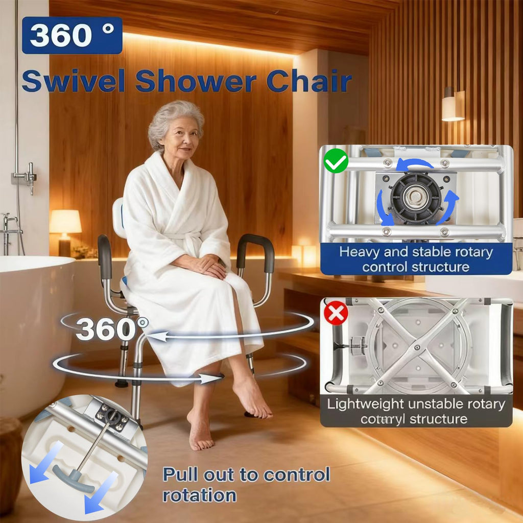 2-Level Width Adjustable 360° Heavy Duty Swivel Shower Chair with Arms and Back F3682