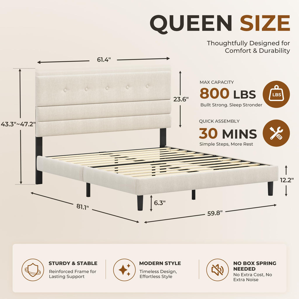 Queen Size Linen Fabric Upholstered Platform Bed Frame T275773