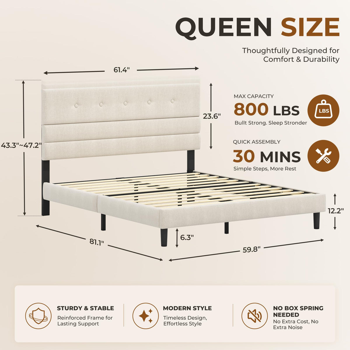 Queen Size Linen Fabric Upholstered Platform Bed Frame T275773