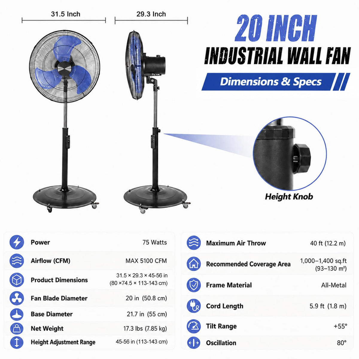 20 Inch Quiet Oscillating Pedestal Fan with Casters Q4370