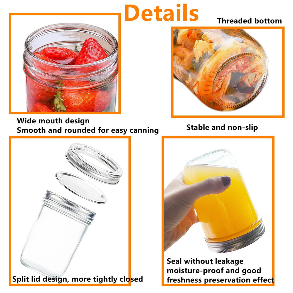 12 Pc 16 oz Wide Mouth Glass Mason Jars with Lids D4211