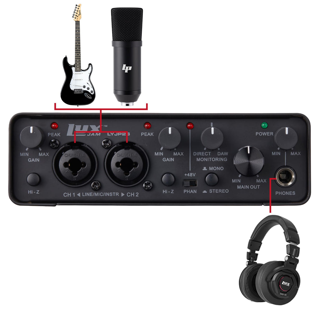 2x2 USB Audio Interface Recording Bundle with Condenser Mic, Headphones, Shockmount, XLR Cable B949416