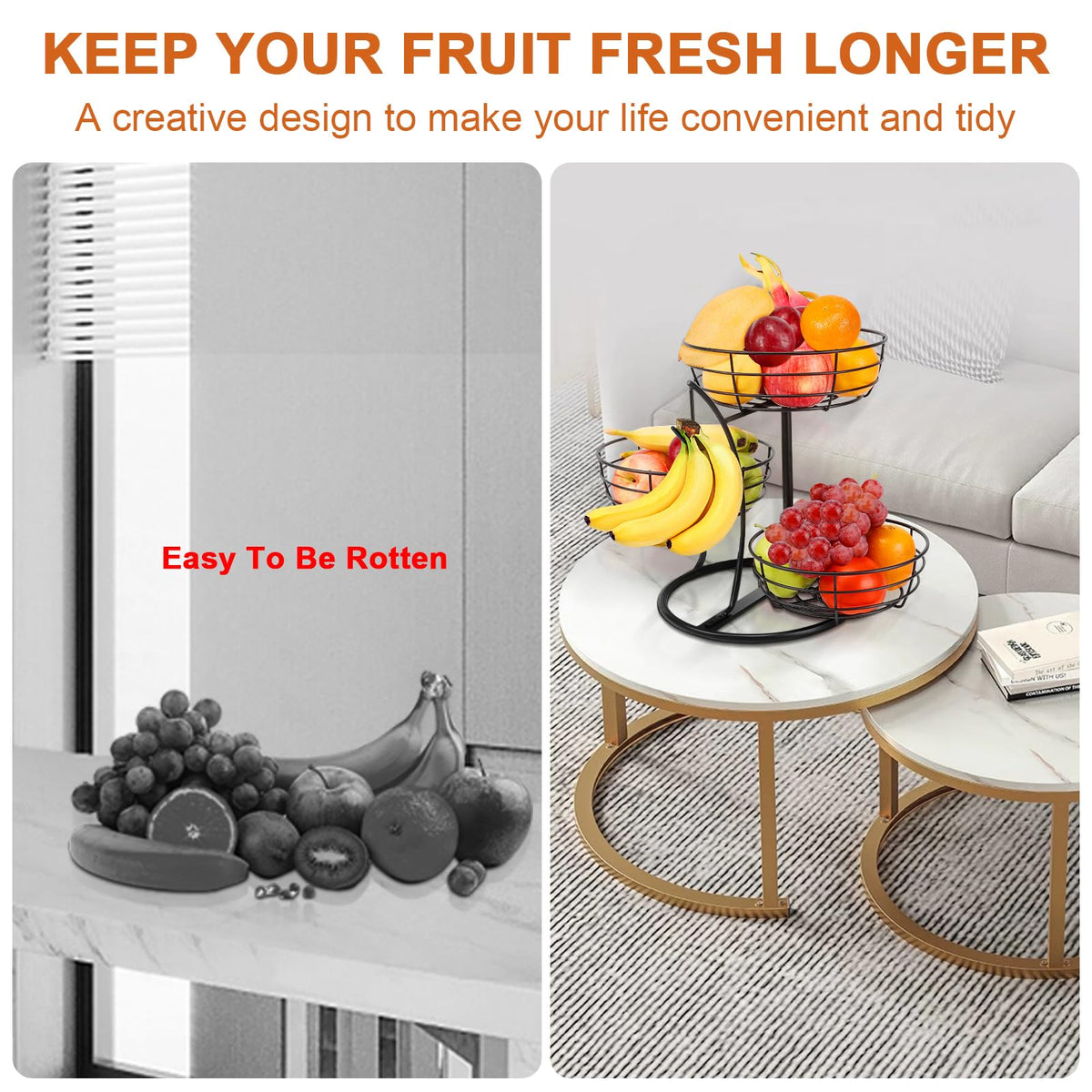 Fruit Basket Bowl with Banana Hanger, 3-Tier Metal Base D3445