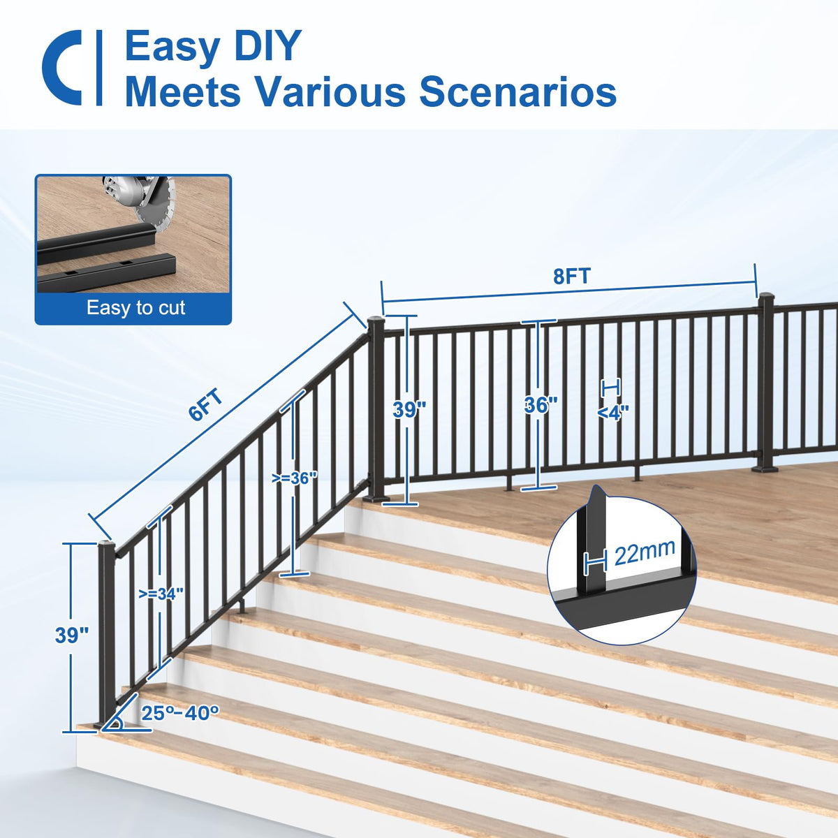 1 Pack 36 in. H x 6 ft. W Aluminum Stair Railing Kit with Post L9745