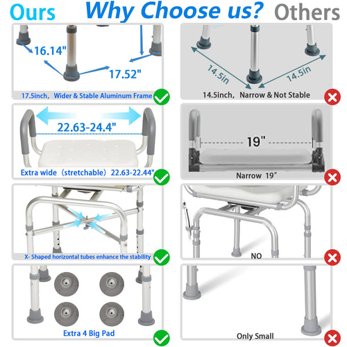 2-Level Width Adjustable 360° Heavy Duty Swivel Shower Chair with Arms and Back F3682