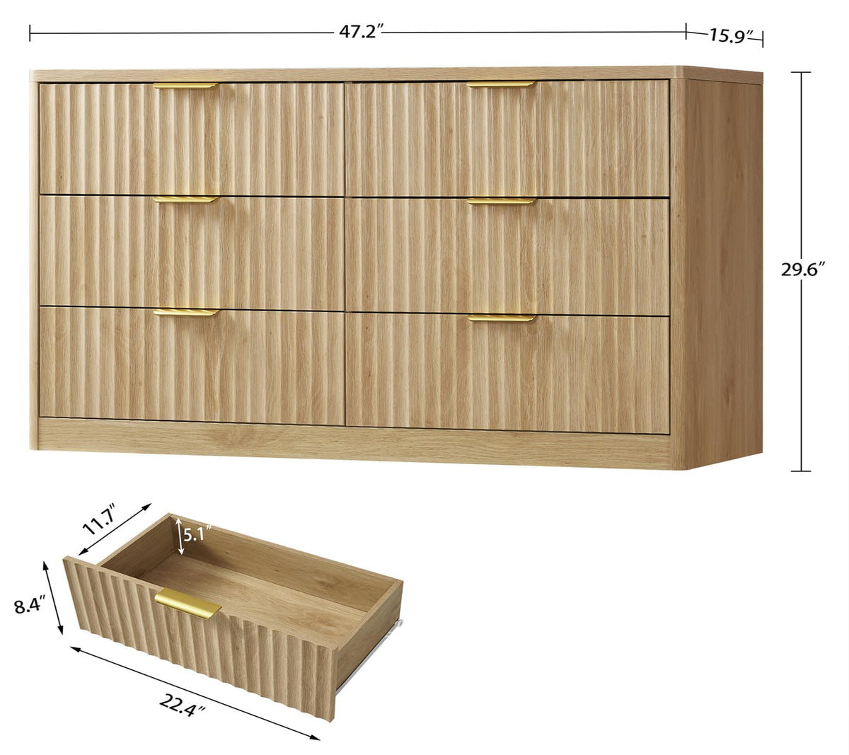 Fluted 6 Drawer Wood Dresser K889