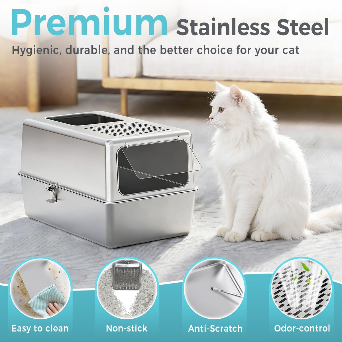 Enclosed Stainless Steel Cat Litter Box with Lid Y5228