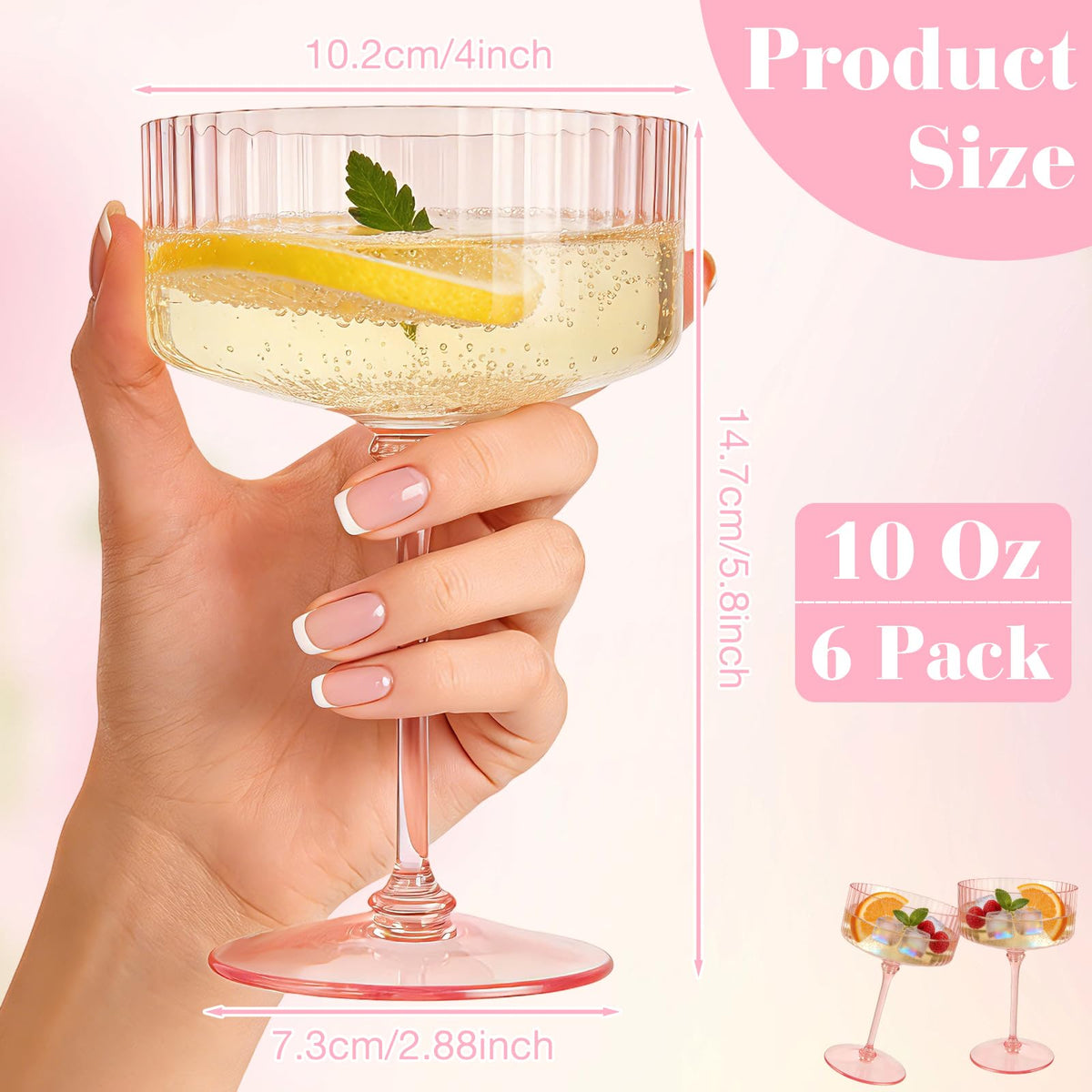 6 Pcs 10 Oz Pink Champagne Martini Glasses Set K915