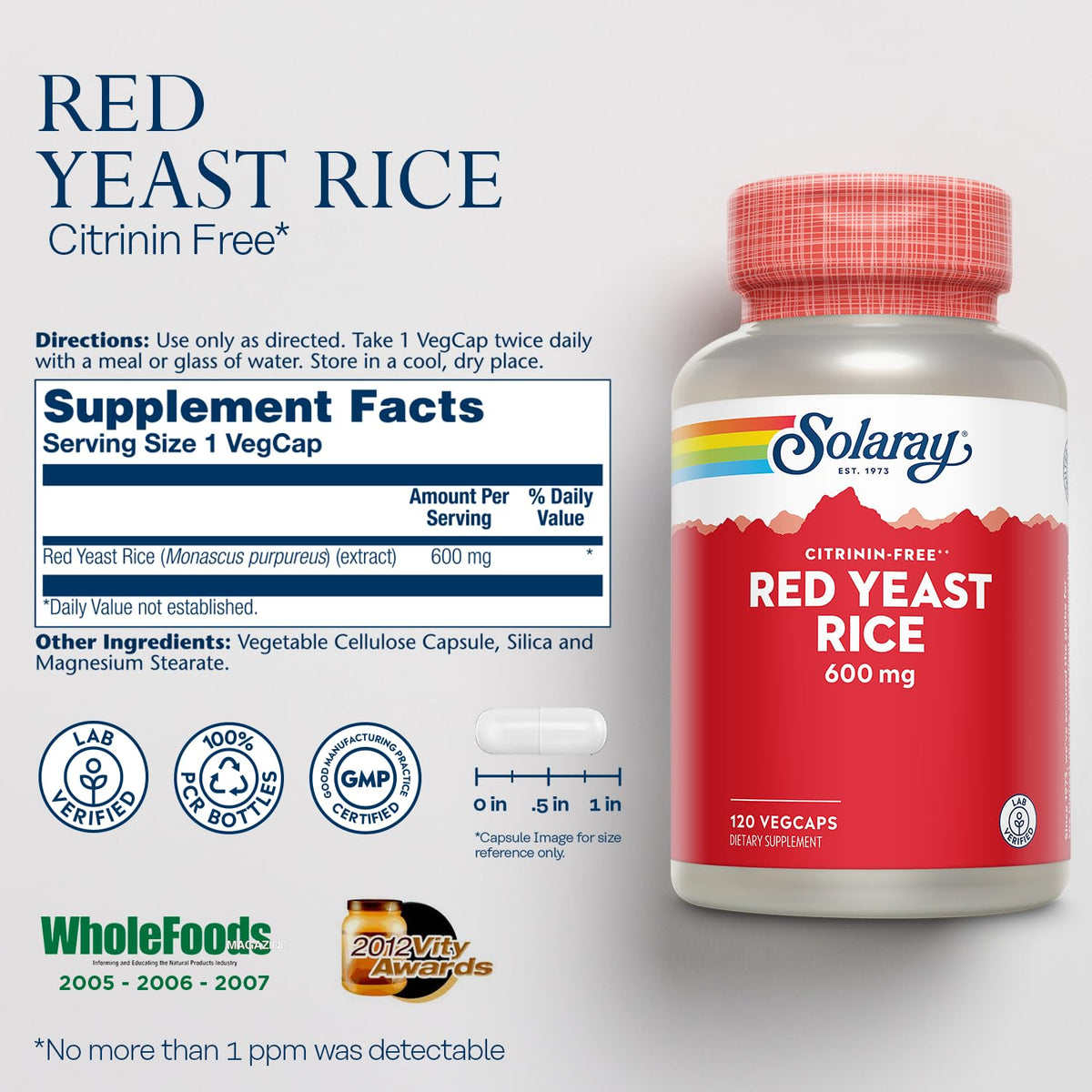 Red Yeast Rice 600mg 120 Veggie Capsules U65079