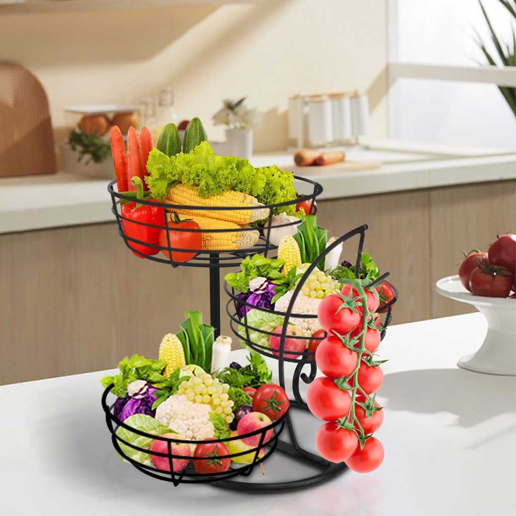 Fruit Basket Bowl with Banana Hanger, 3-Tier Metal Base D3445