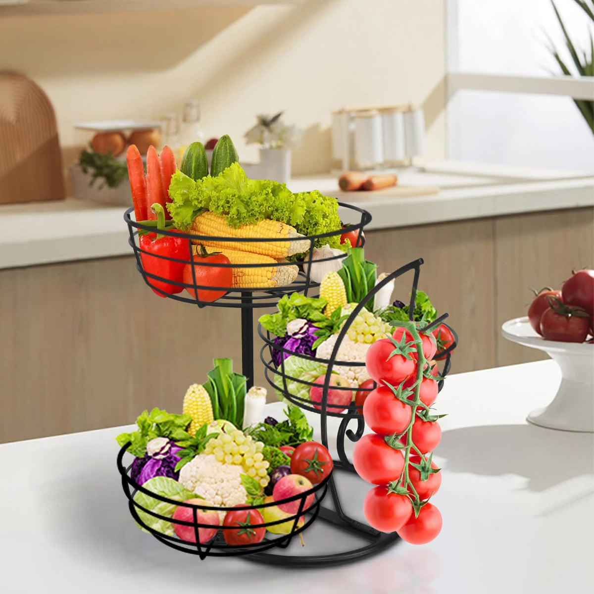 Fruit Basket Bowl with Banana Hanger, 3-Tier Metal Base D3445