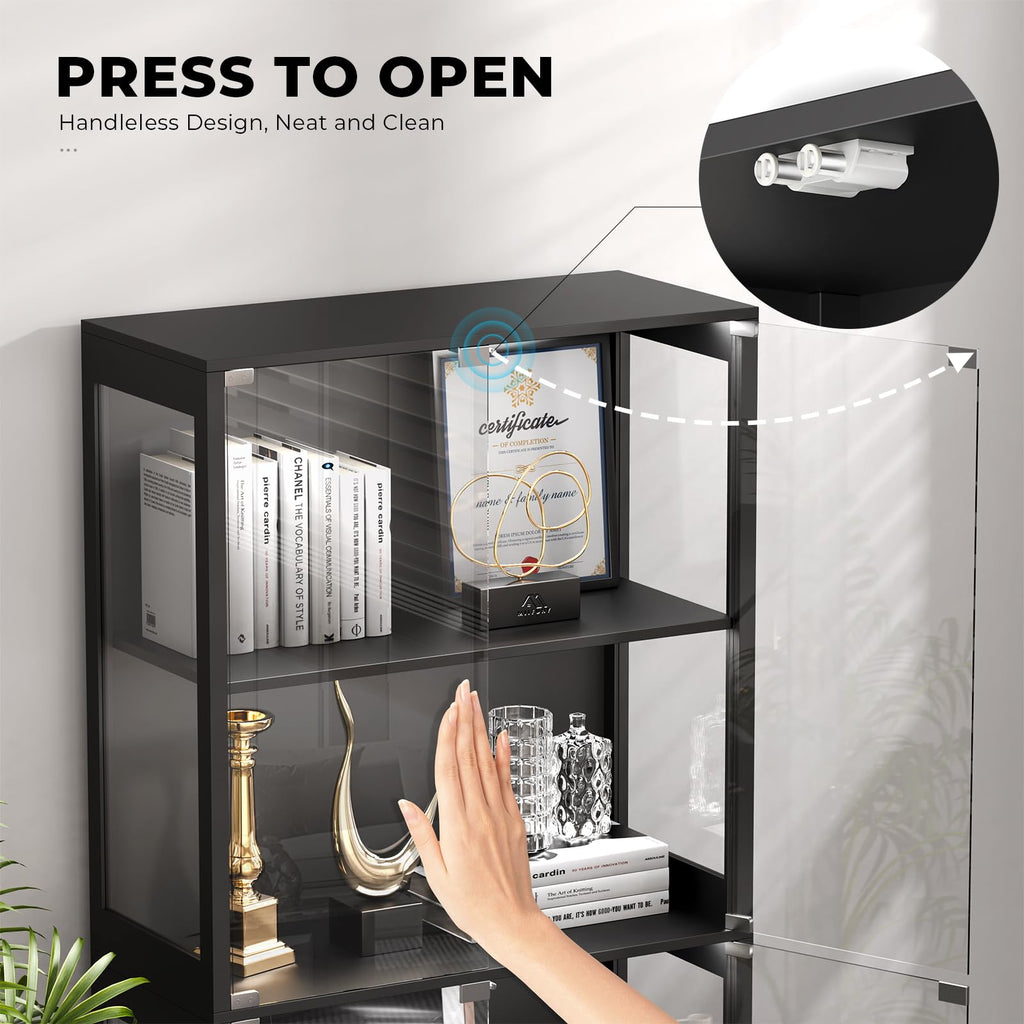 Black 4-Tier Display Cabinet with Glass Doors J29749