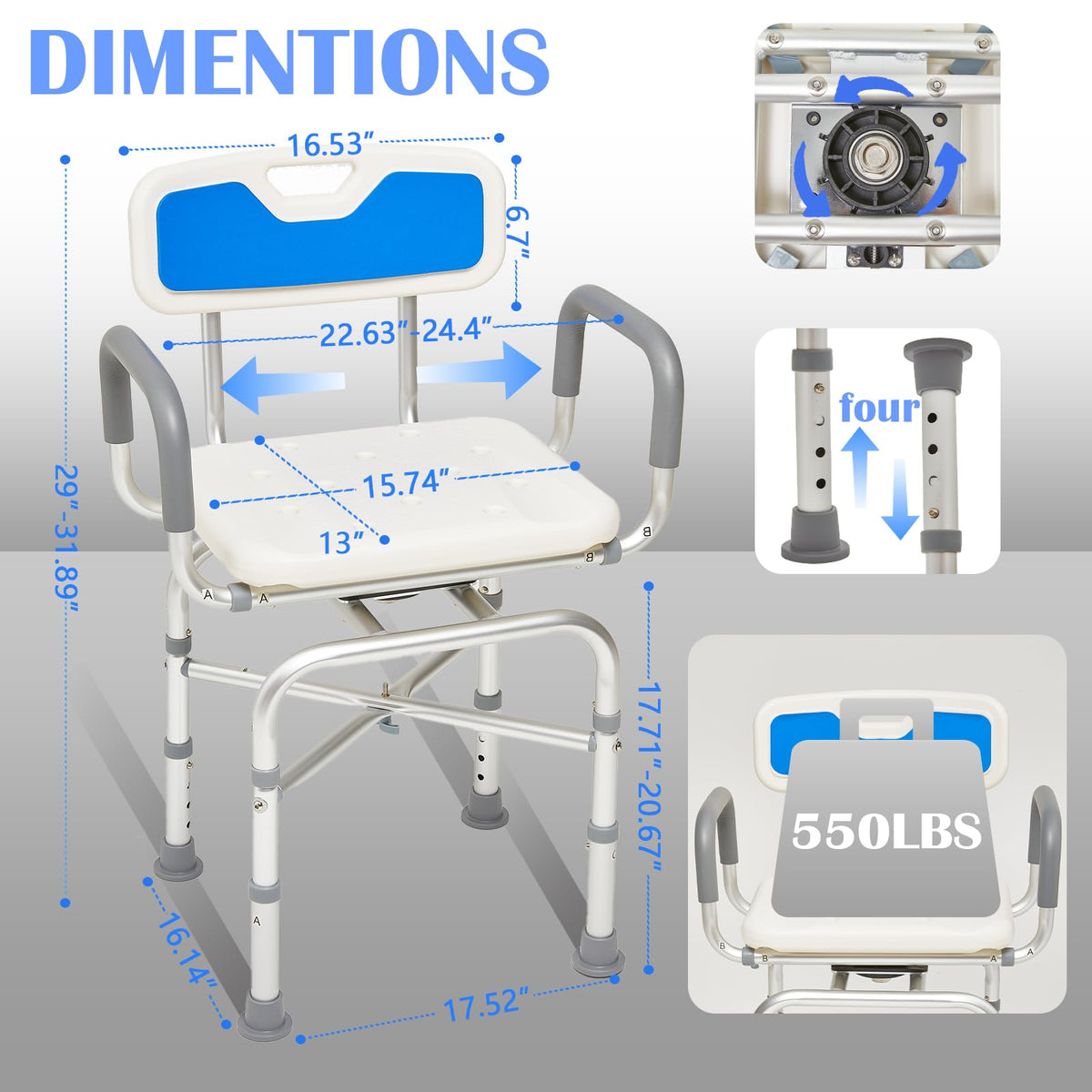 2-Level Width Adjustable 360° Heavy Duty Swivel Shower Chair with Arms and Back F3682