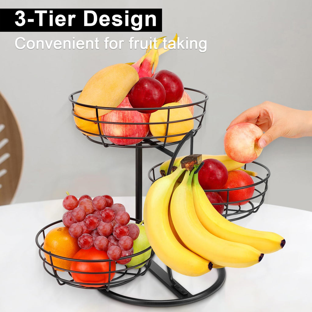 Fruit Basket Bowl with Banana Hanger, 3-Tier Metal Base D3445