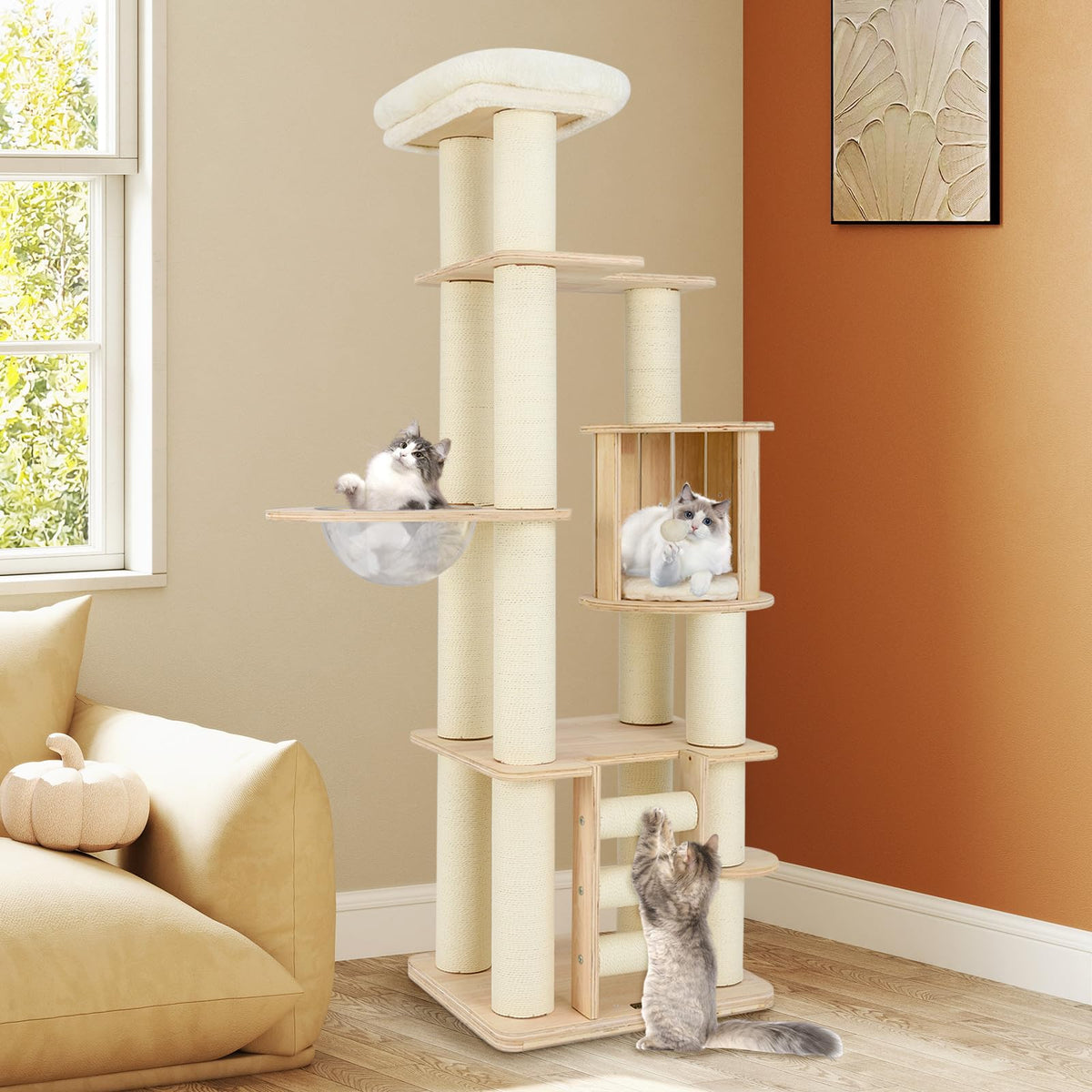 71” Tall Multi-Layer Wood Cat Tree with Scratching Posts Y9163