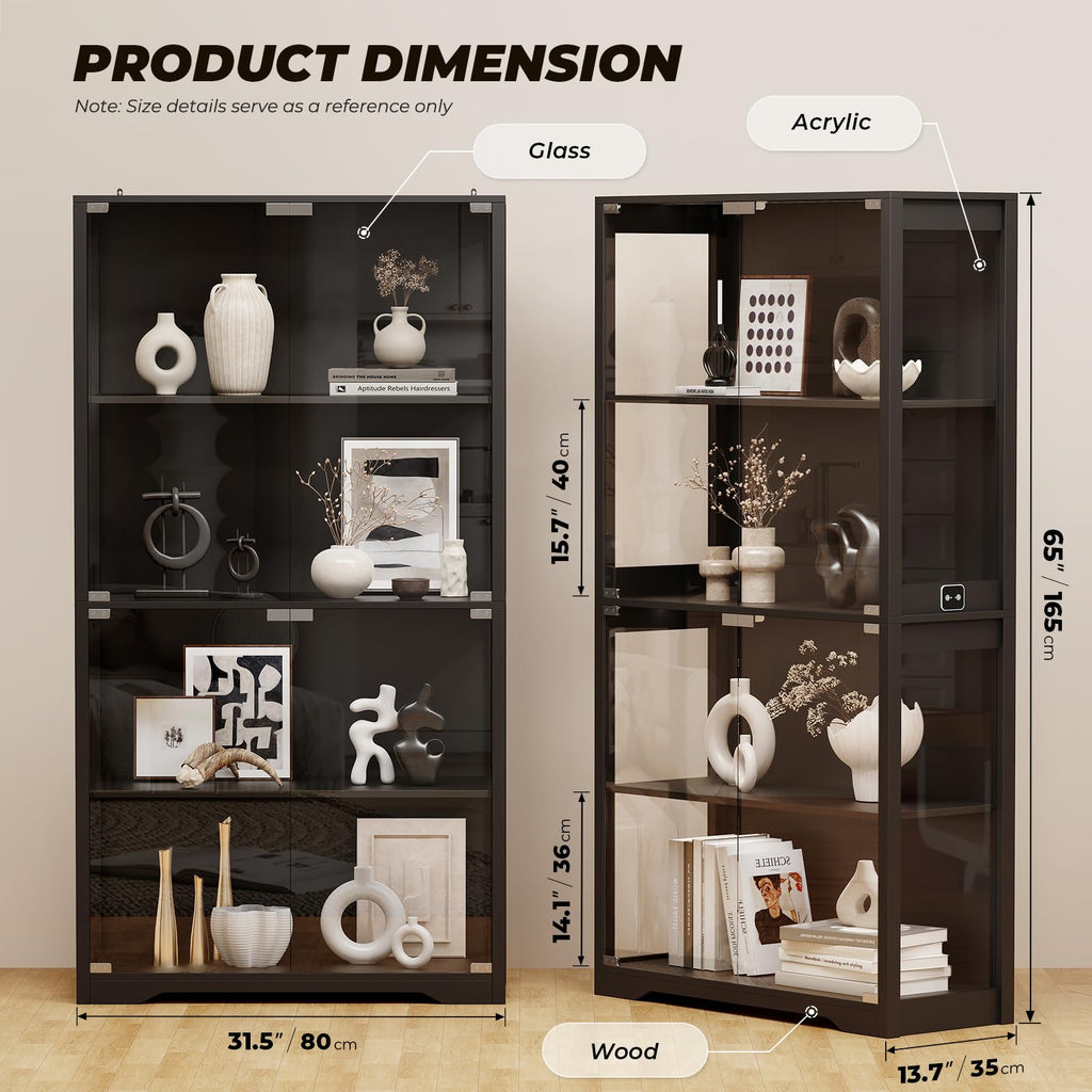 Black 4-Tier Display Cabinet with Glass Doors J29749
