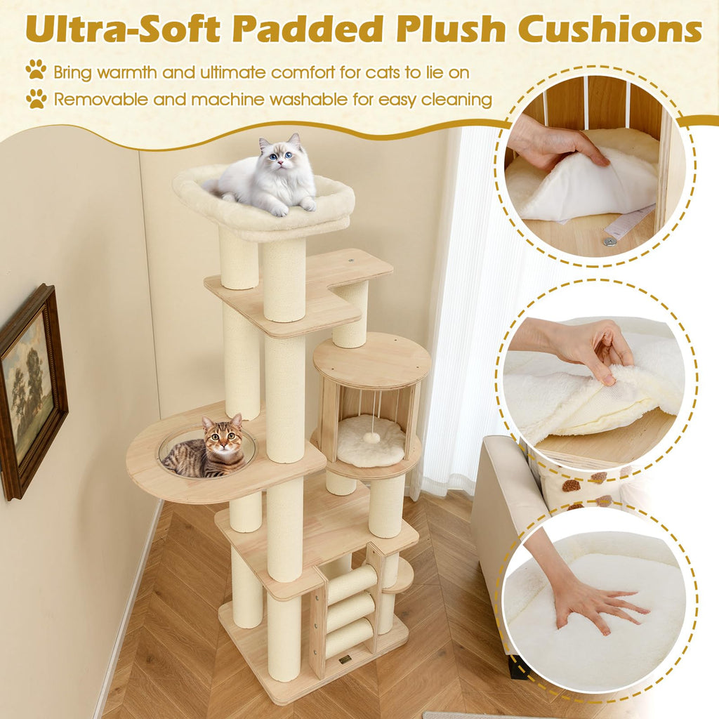 71” Tall Multi-Layer Wood Cat Tree with Scratching Posts Y9163