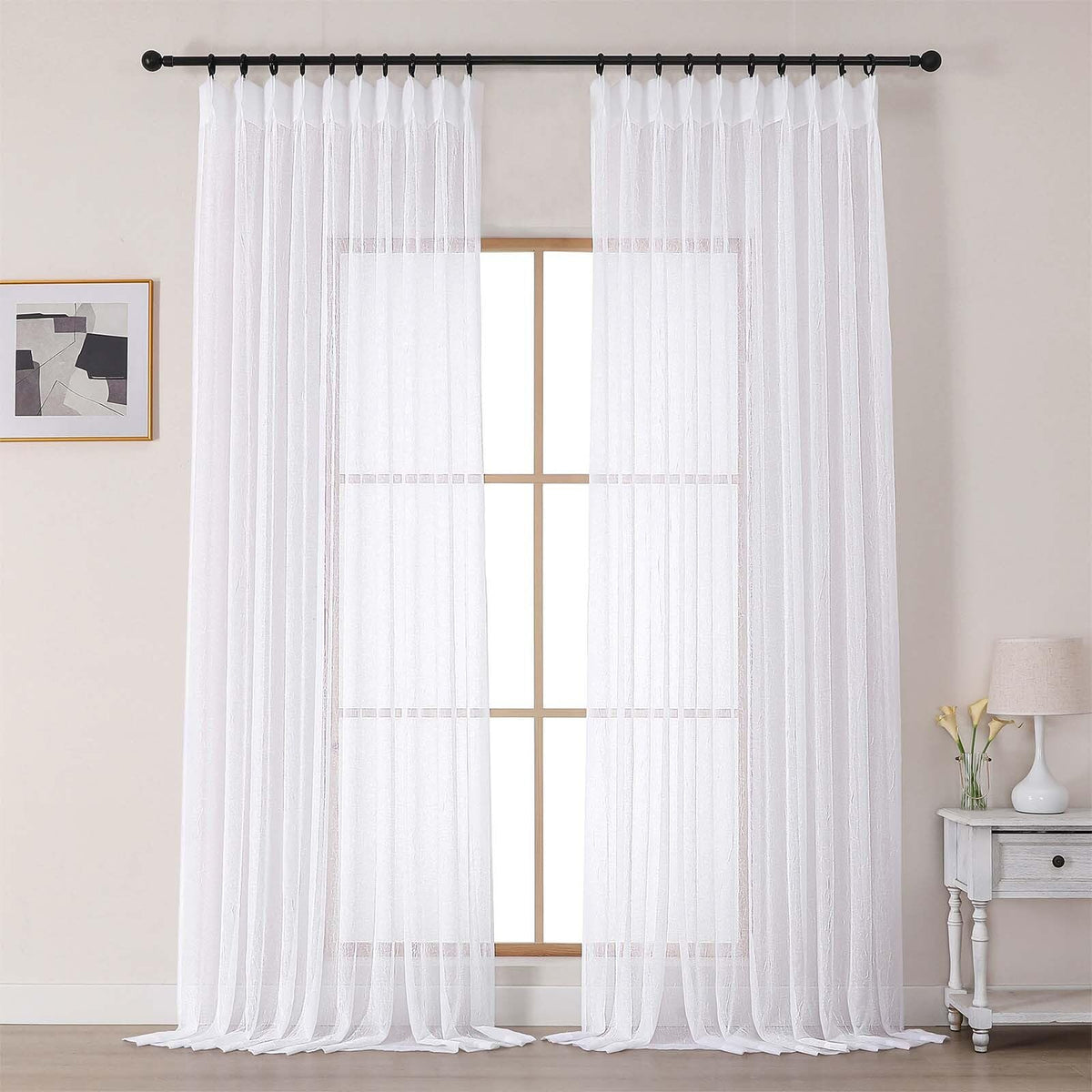 White Sheer Pinch Pleated Curtains 96 Inches 2 Panels X6010