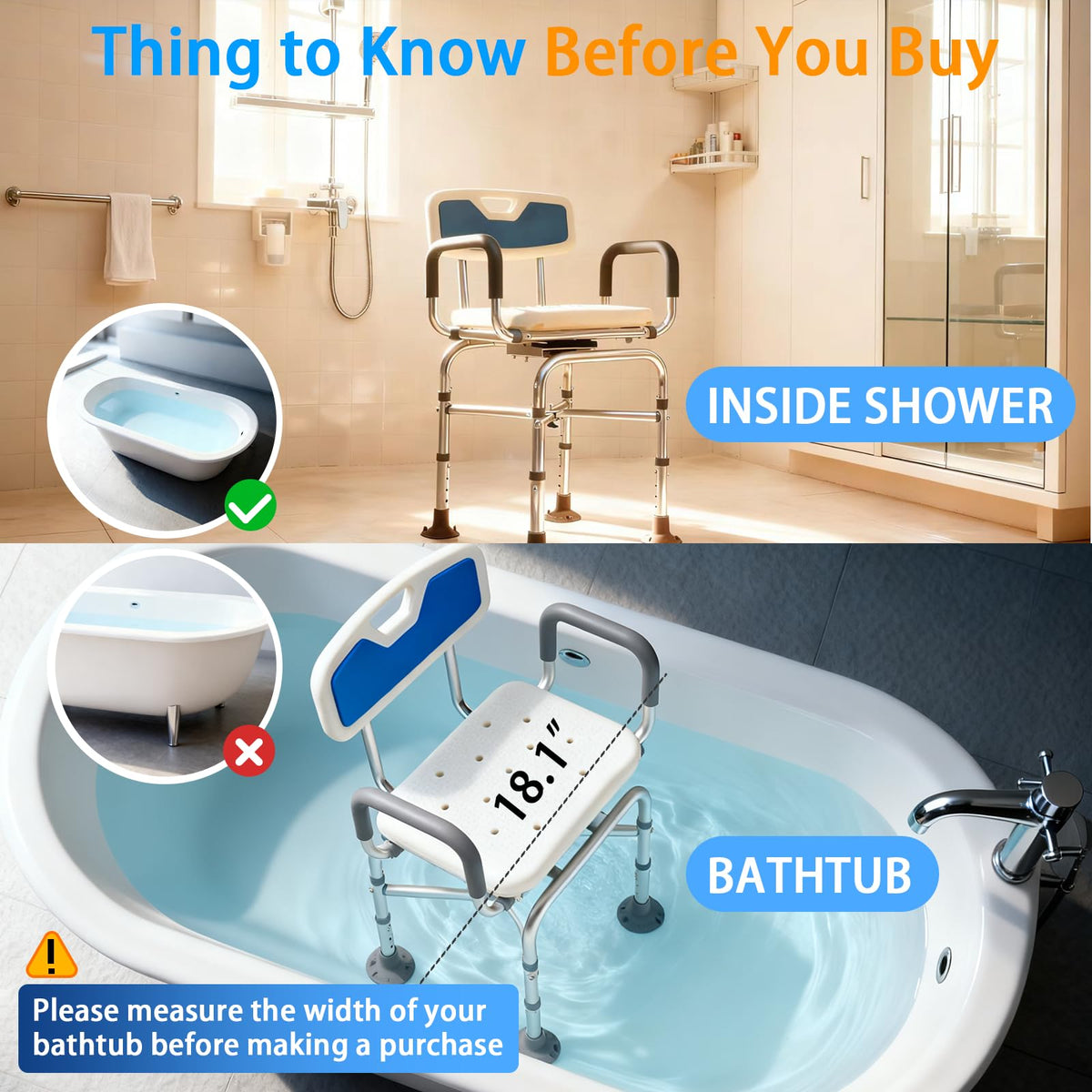 2-Level Width Adjustable 360° Heavy Duty Swivel Shower Chair with Arms and Back F3682