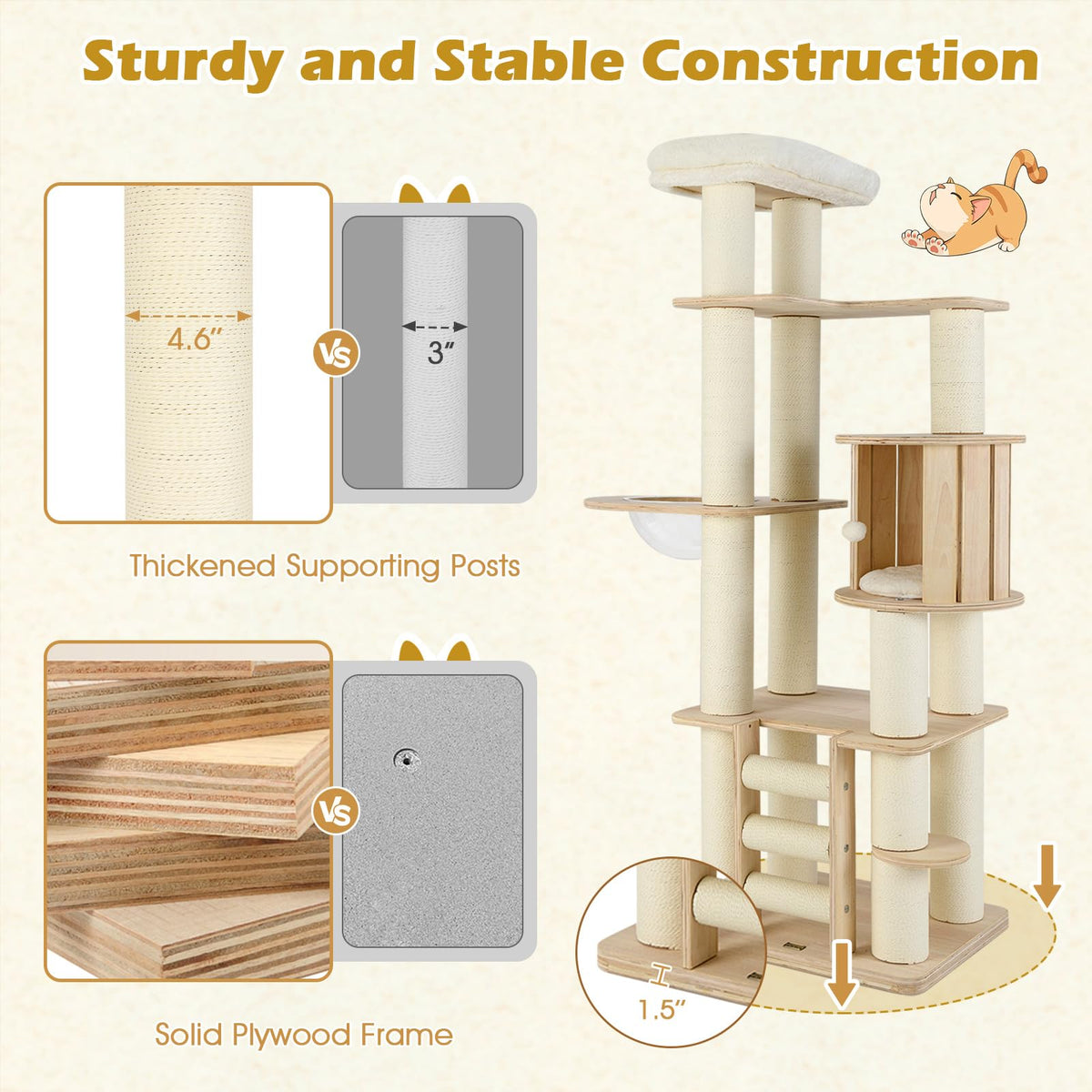 71” Tall Multi-Layer Wood Cat Tree with Scratching Posts Y9163