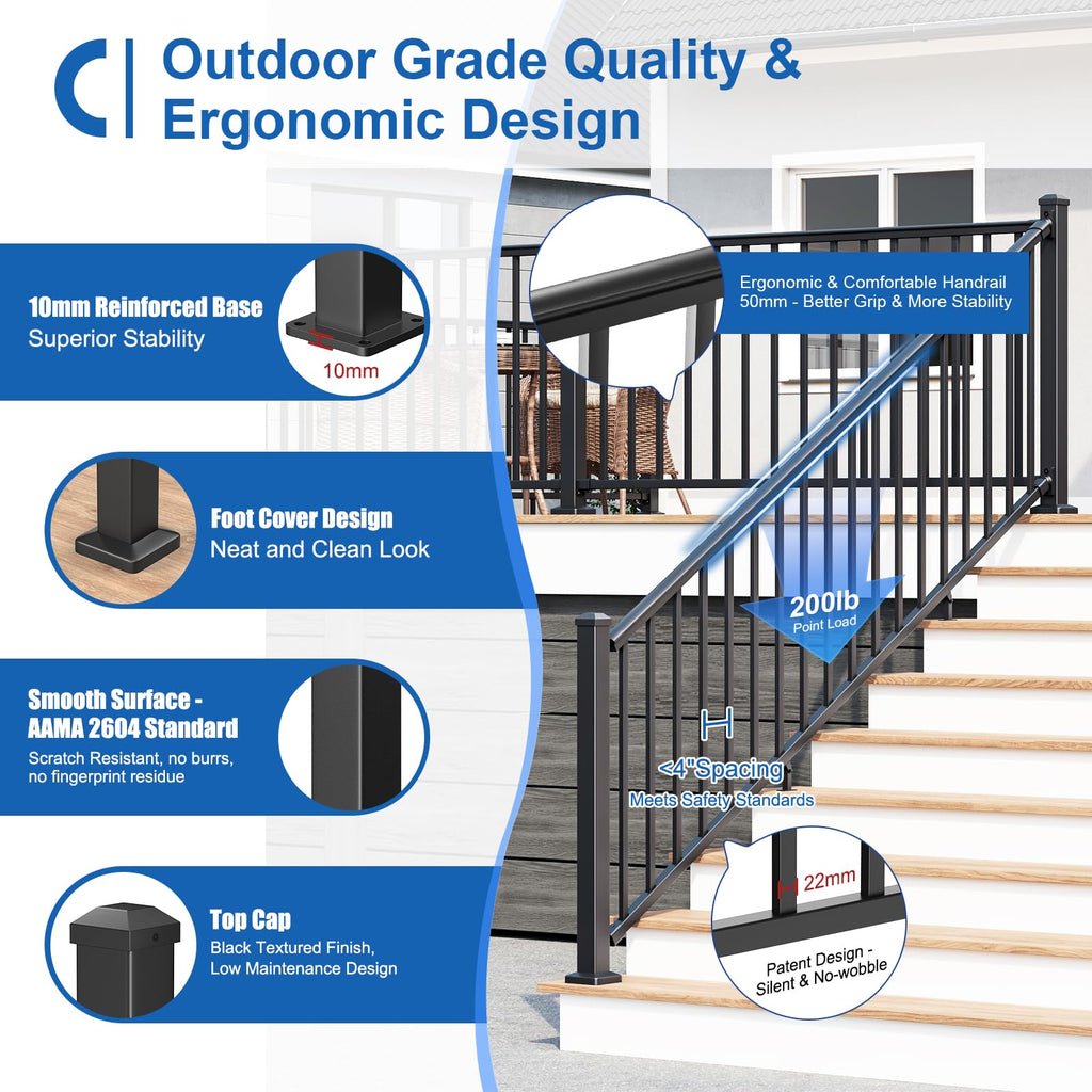 1 Pack 36 in. H x 6 ft. W Aluminum Stair Railing Kit with Post L9745