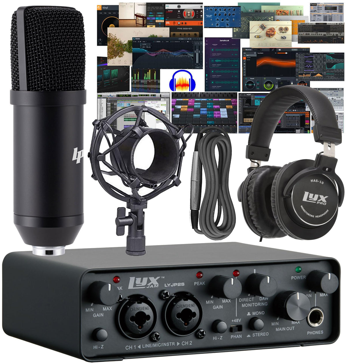 2x2 USB Audio Interface Recording Bundle with Condenser Mic, Headphones, Shockmount, XLR Cable B949416