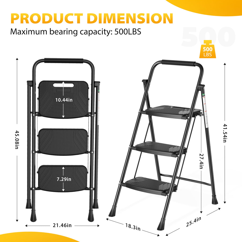 Folding Steel 3-Step Ladder with Handrail O336807
