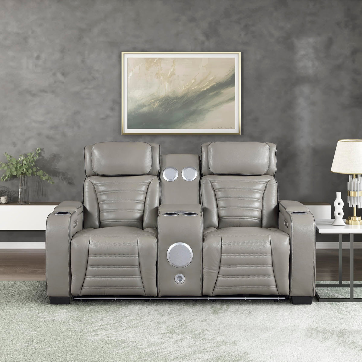 Gray Top Grain Leather Match Double Reclining Loveseat B96798