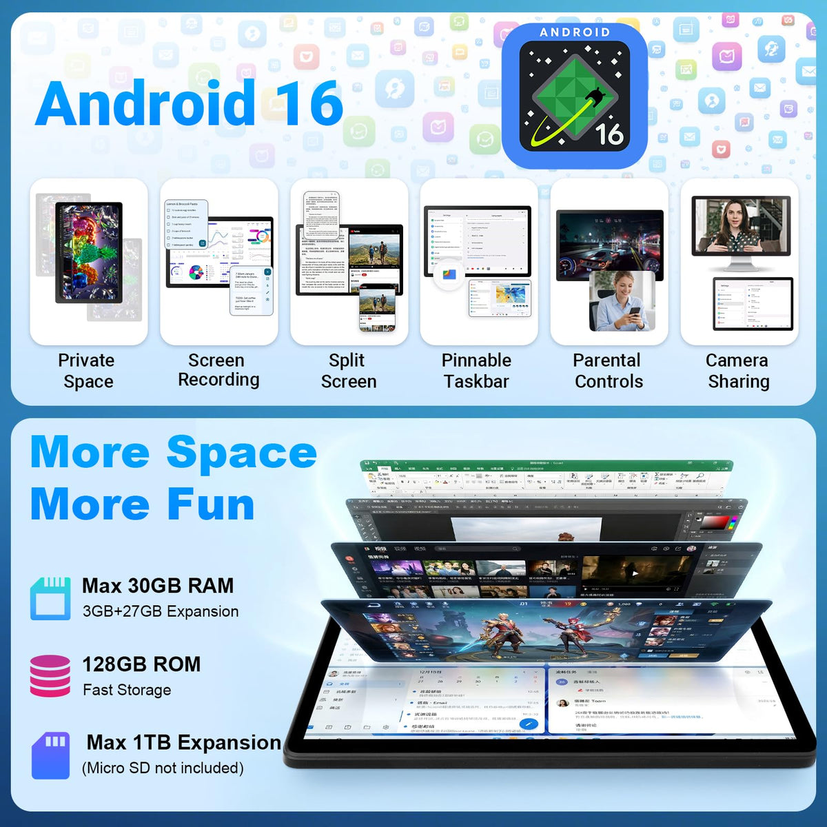 11 Inch 2 in 1 Android 16 Tablet with Keyboard Mouse Pen Case Q3268