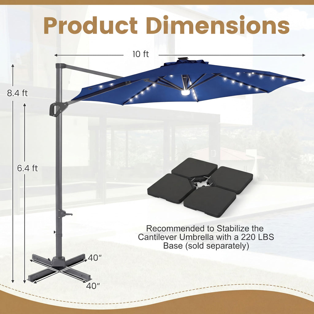 10 FT Solar LED Cantilever Patio Umbrella C8360